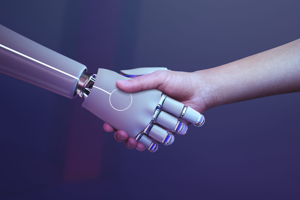 Fondo humano de apretón de manos de robot, era digital futurista